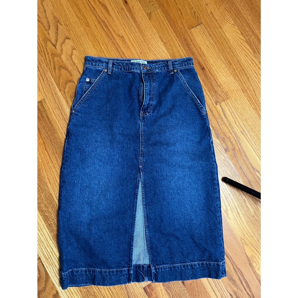 We The Free People Wild Roses Denim Midi Skirt Blue Front Slit 28